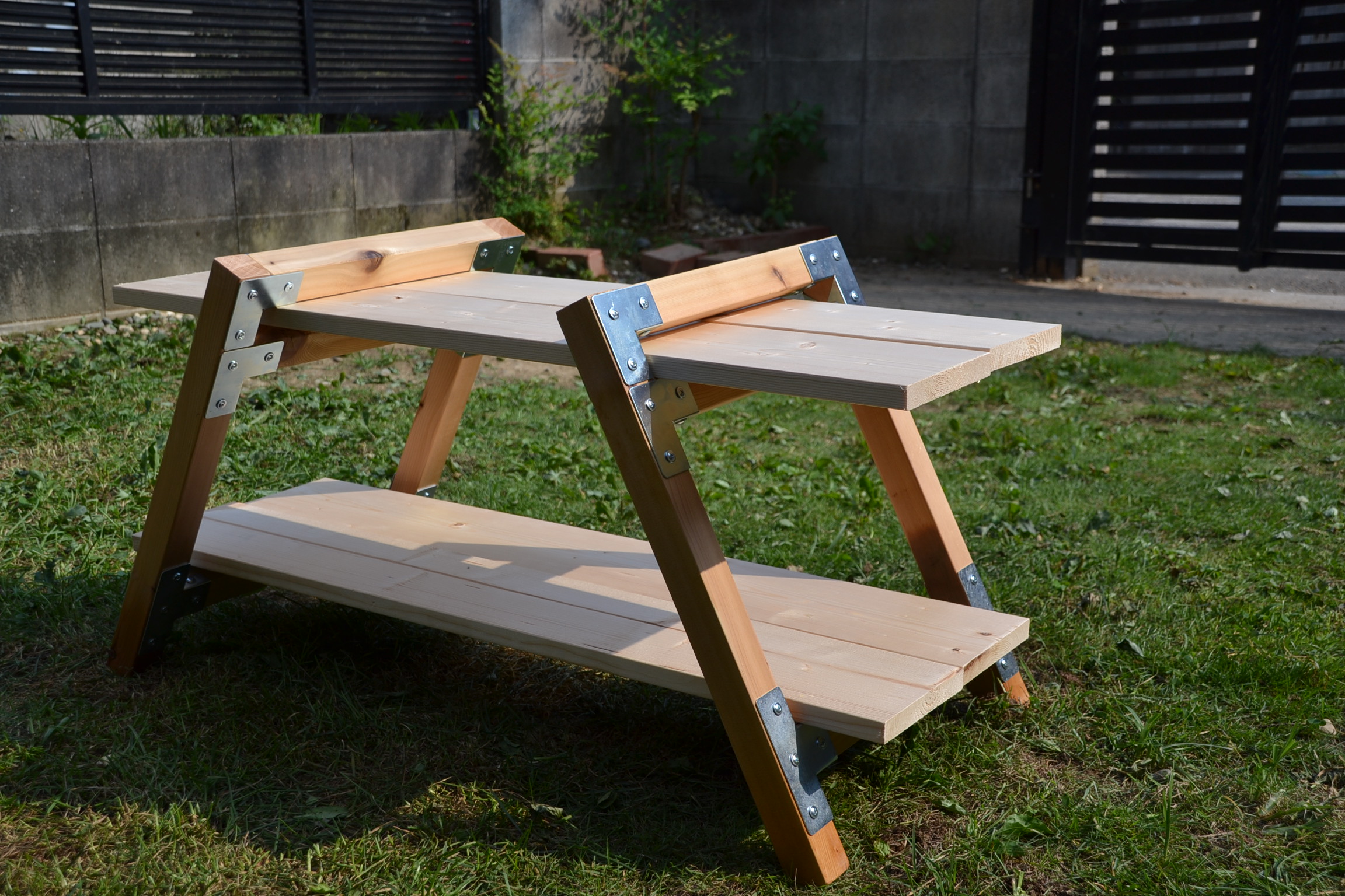 木製 キャンプテーブル ハンドメイド シェルフ アウトドアテーブル 